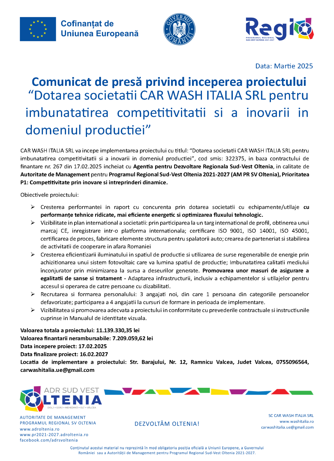 Comunicat de presa privind inceperea proiectului