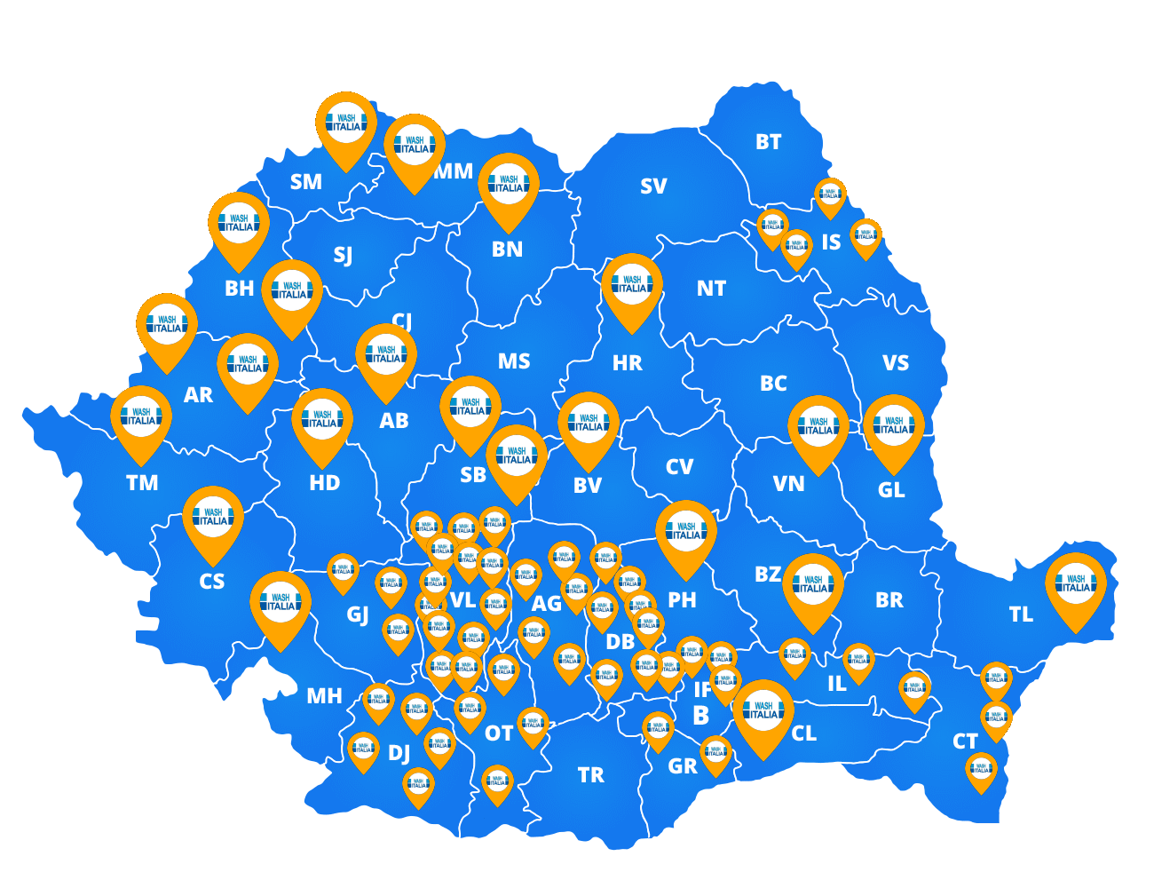 Harta spalatoriilor construite de Wash Italia in Romania